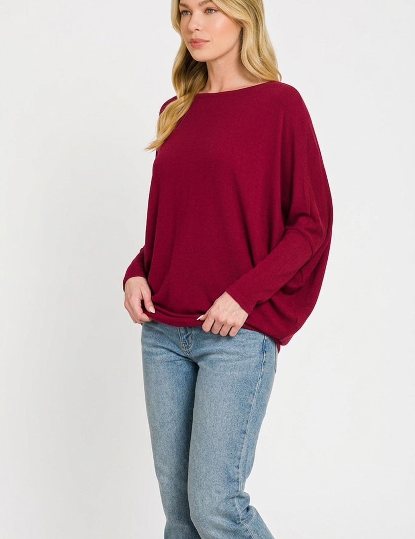ZENANA Hacci Dolman Sleeve Boat Neck Top on Simply Obsessed