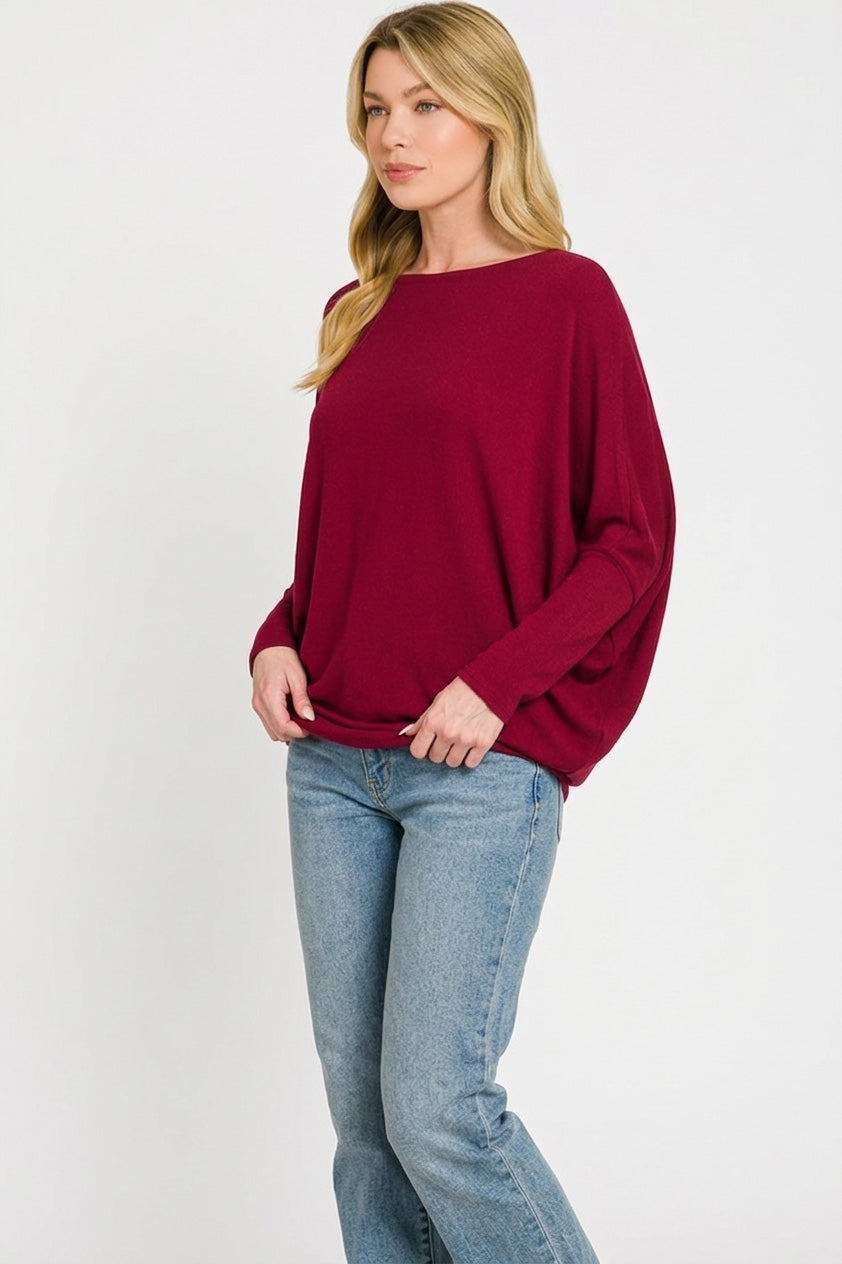 ZENANA Hacci Dolman Sleeve Boat Neck Top on Simply Obsessed
