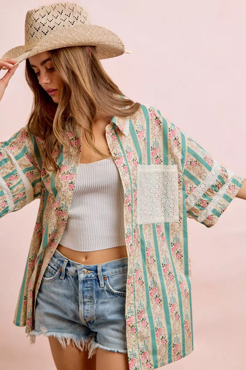 BIBI Eyelet Lace And Floral Mix And Match Shirt Top on Simply Obsessed