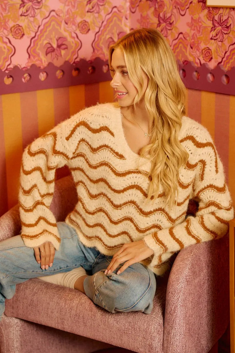 BiBi Wavy Stripes V-Neck Cropped Sweater on Simply Obsessed
