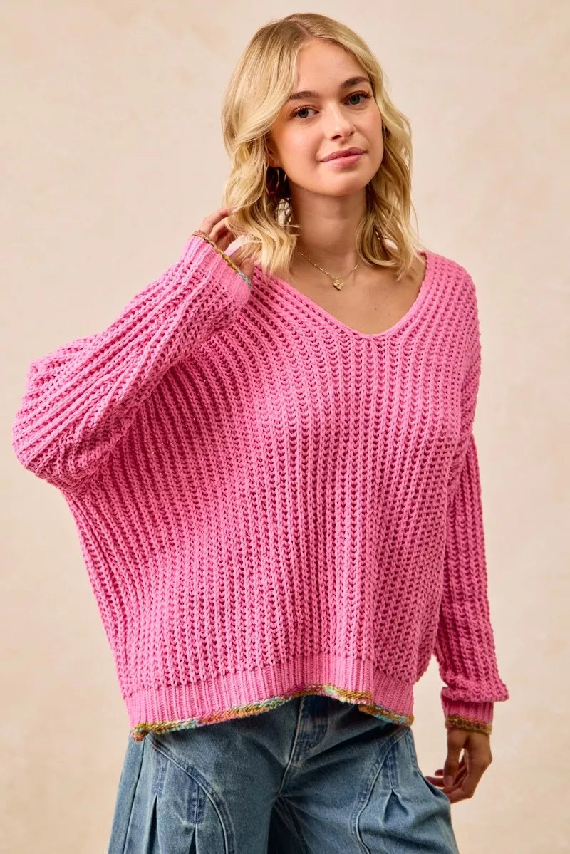 BiBi V-Neck Sweater with Colorful Trim on Simply Obsessed