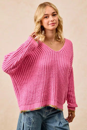 BiBi V-Neck Sweater with Colorful Trim on Simply Obsessed