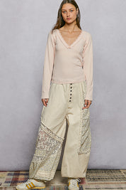 POL V-Neck Long Sleeve Ribbed Top with Lace-Accent Neckband on Simply Obsessed