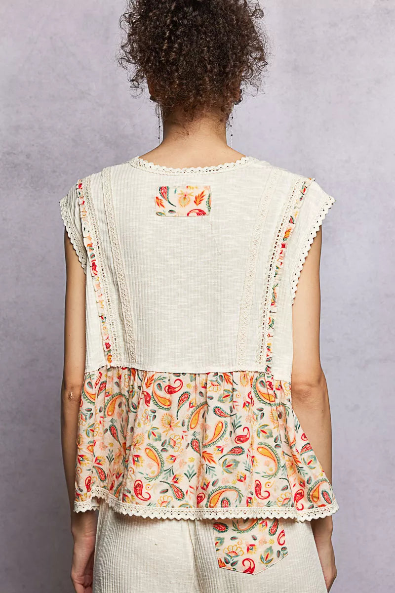 POL Lace Detail Floral Cropped Ruffled Top on Simply Obsessed