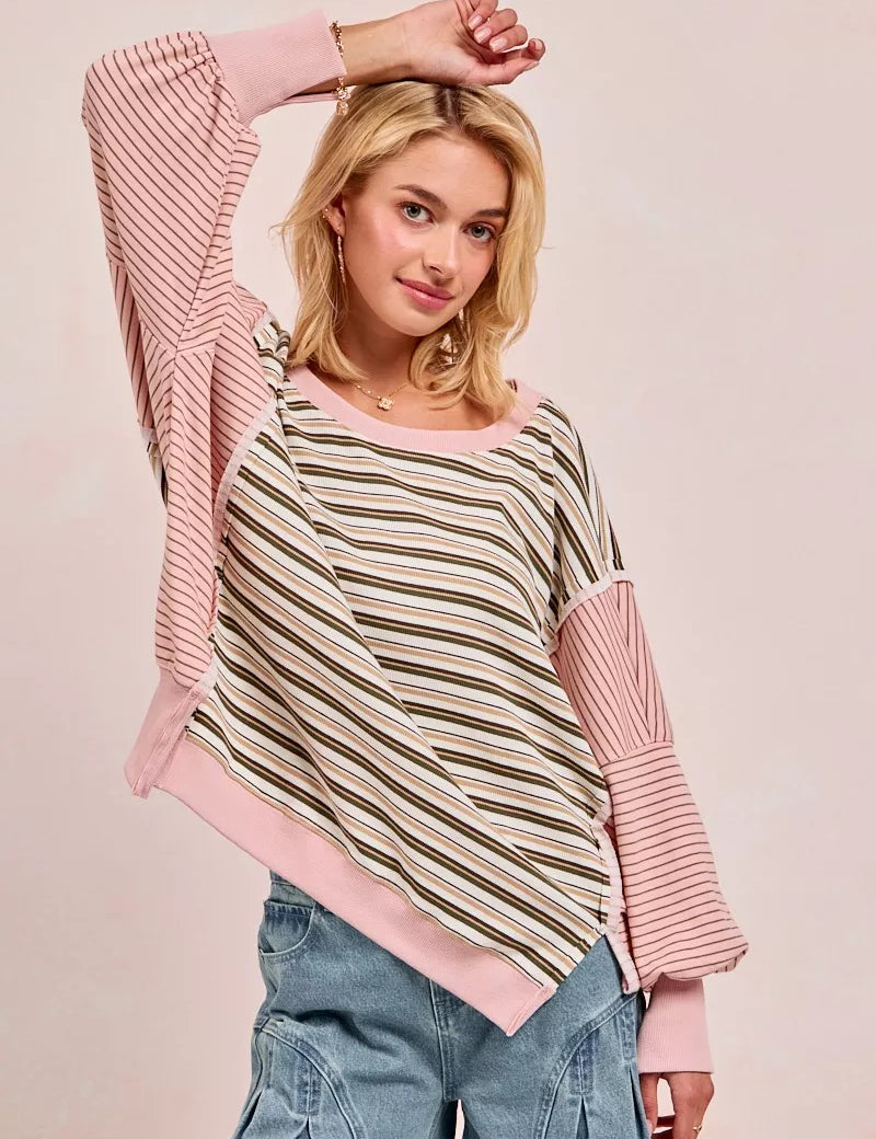BIBI Stripe Mixed Top With Cut Edge And Reverse Outseam on Simply Obsessed