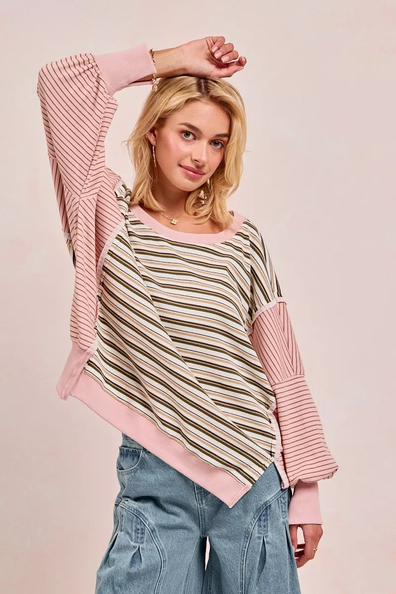 BIBI Stripe Mixed Top With Cut Edge And Reverse Outseam on Simply Obsessed