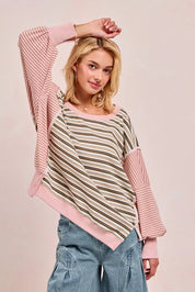 BIBI Stripe Mixed Top With Cut Edge And Reverse Outseam on Simply Obsessed