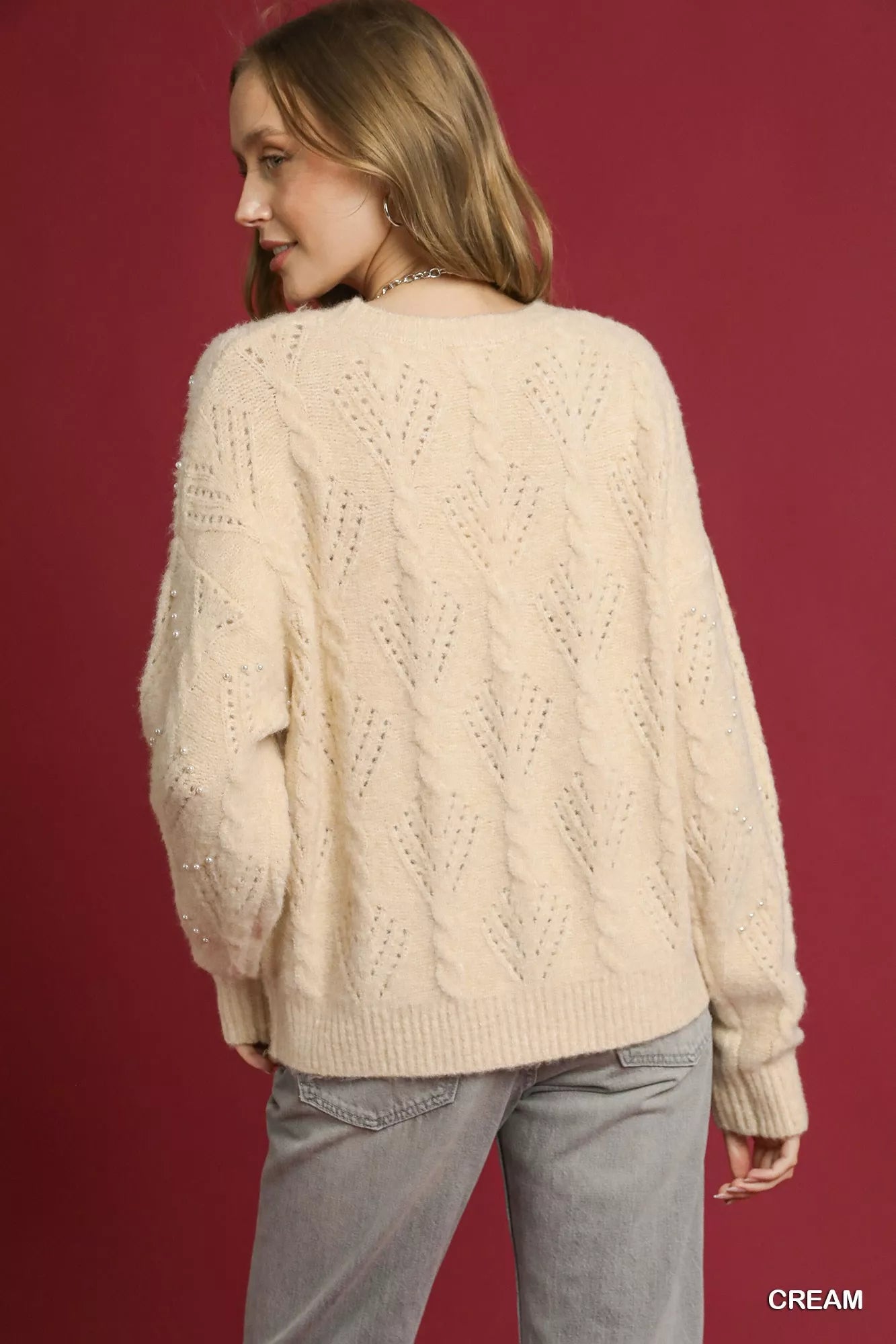 UMGEE Pearl-Embellished Long Sleeve Sweater on Simply Obsessed