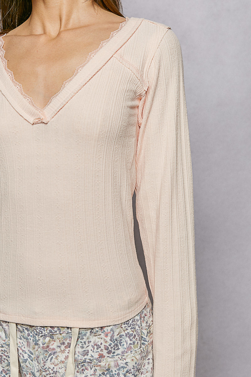 POL V-Neck Long Sleeve Ribbed Top with Lace-Accent Neckband on Simply Obsessed