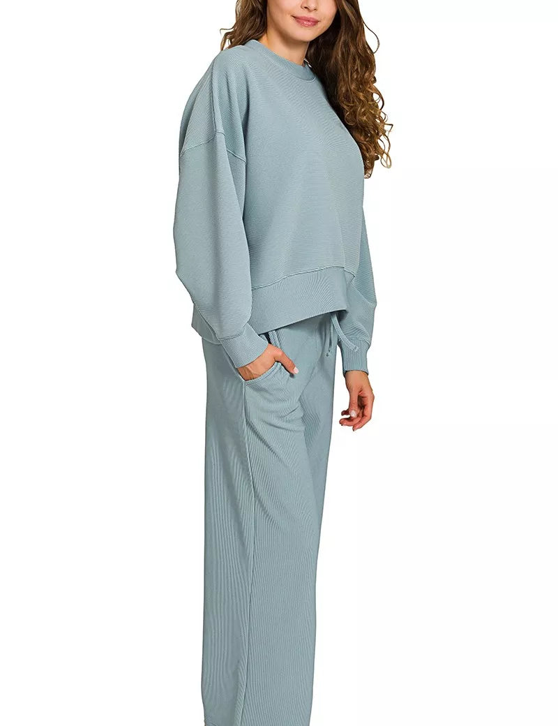 ZENANA Ribbed Round Neck Pullover and Drawstring Pants Set on Simply Obsessed