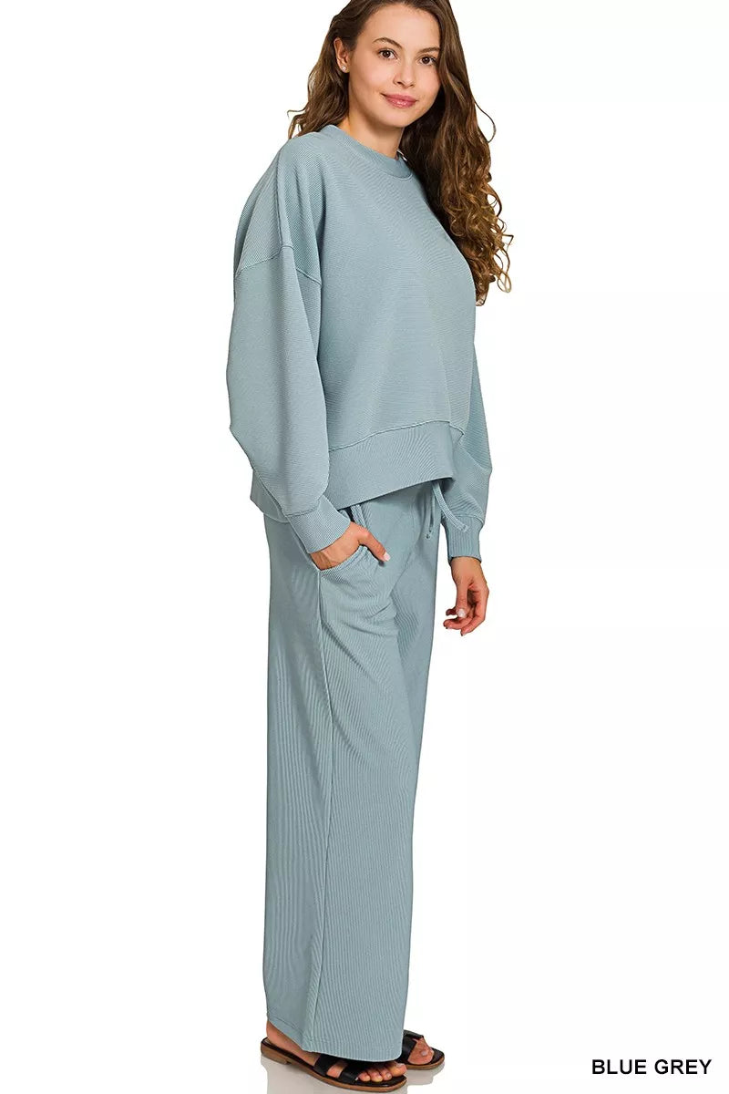 ZENANA Ribbed Round Neck Pullover and Drawstring Pants Set on Simply Obsessed