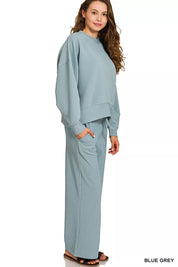 ZENANA Ribbed Round Neck Pullover and Drawstring Pants Set on Simply Obsessed