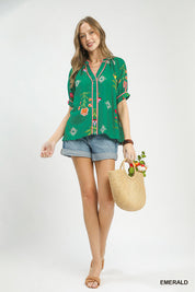 UMGEE Botanical Print Contrast Trim Button Blouse **DEBUT SALE** on Simply Obsessed