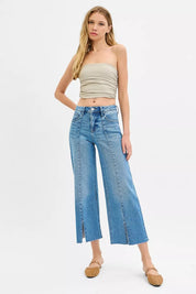 RISEN Tummy Control Mid Rise Crop Wide Front Slit Jeans on Simply Obsessed