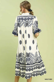 UMGEE Border Print Midi Dress with Puff Sleeves on Simply Obsessed