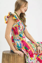 UMGEE Abstract Print Smocked Ruffle Sleeve Tiered Midi Dress on Simply Obsessed