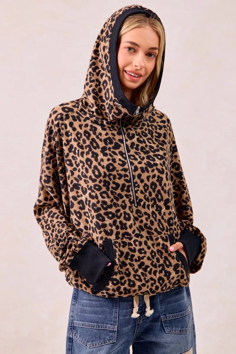 BiBi Leopard Print Waffle Half Zip Up Hoodie W Pocket on Simply Obsessed