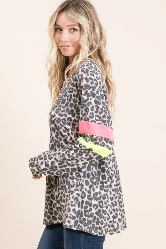 BiBi Leopard Thermal Top with Contrast Color Block on Simply Obsessed