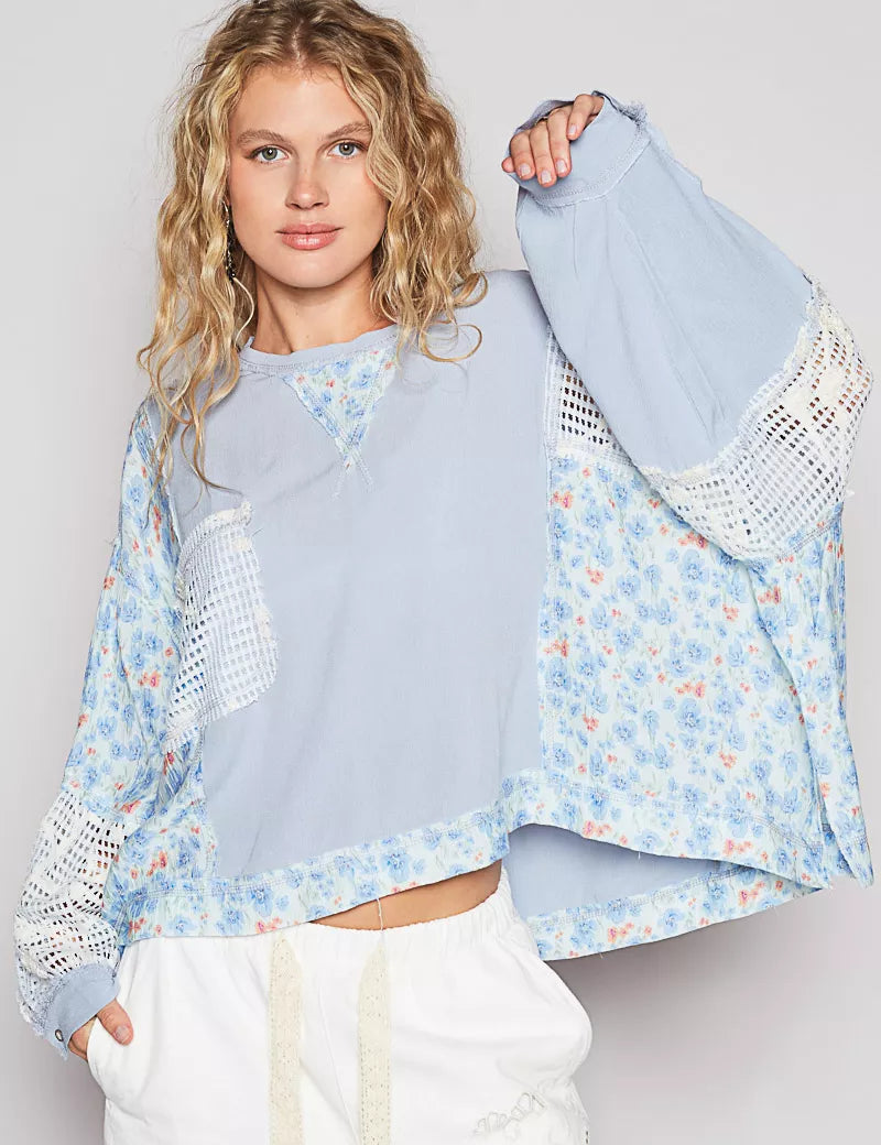 POL Round Neck Cropped Gauze Floral Pattern Top with Overlock Stitch Detail on Simply Obsessed