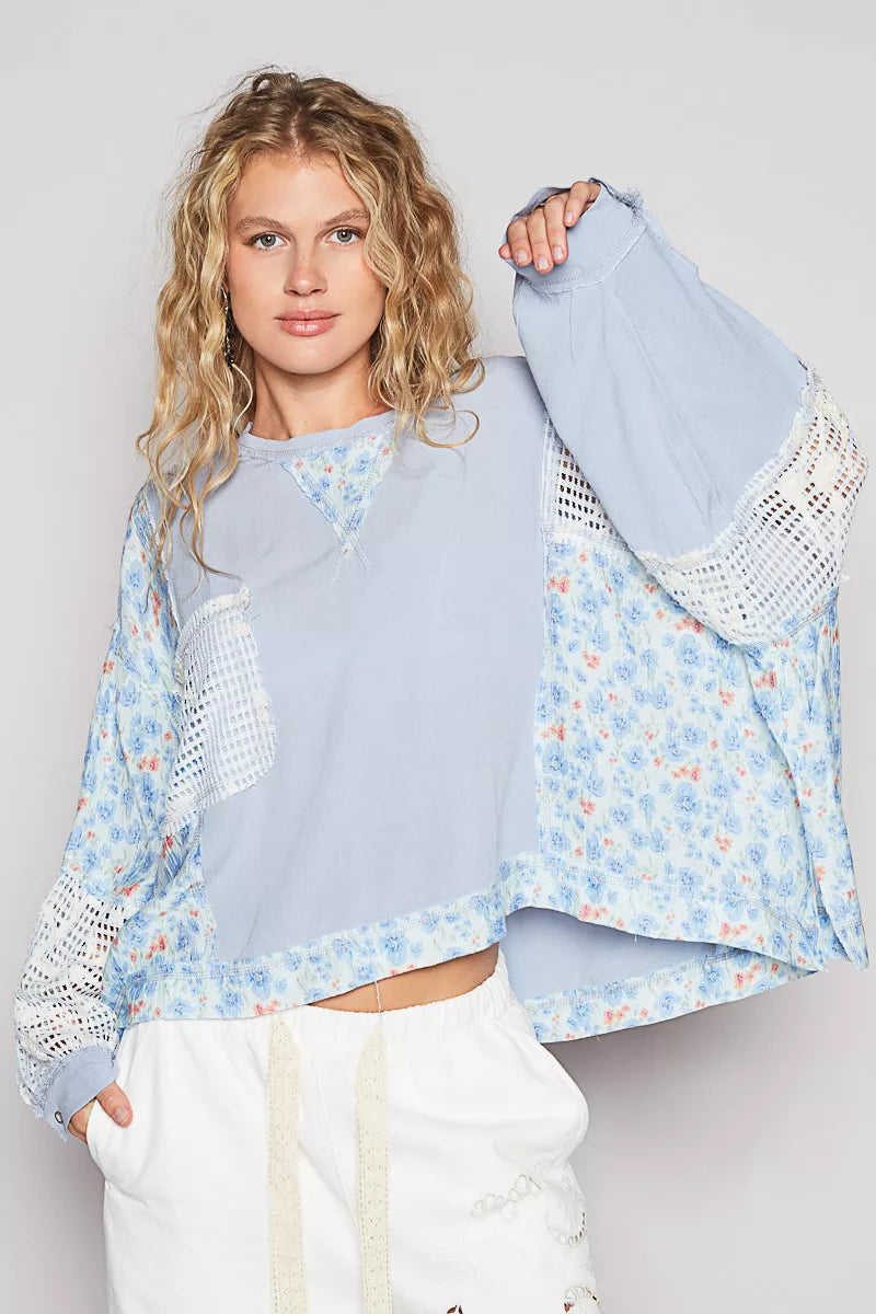 POL Round Neck Cropped Gauze Floral Pattern Top with Overlock Stitch Detail on Simply Obsessed