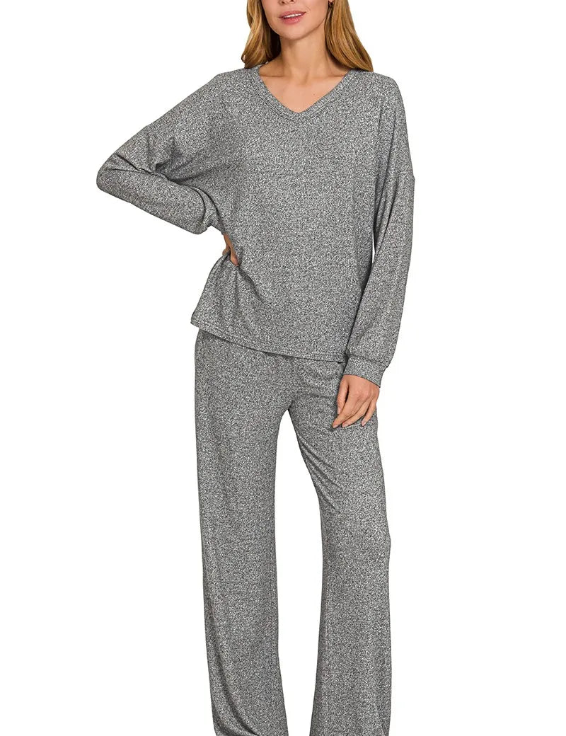 Zenana Soft Melange Long Sleeve Tee & Pants Set on Simply Obsessed