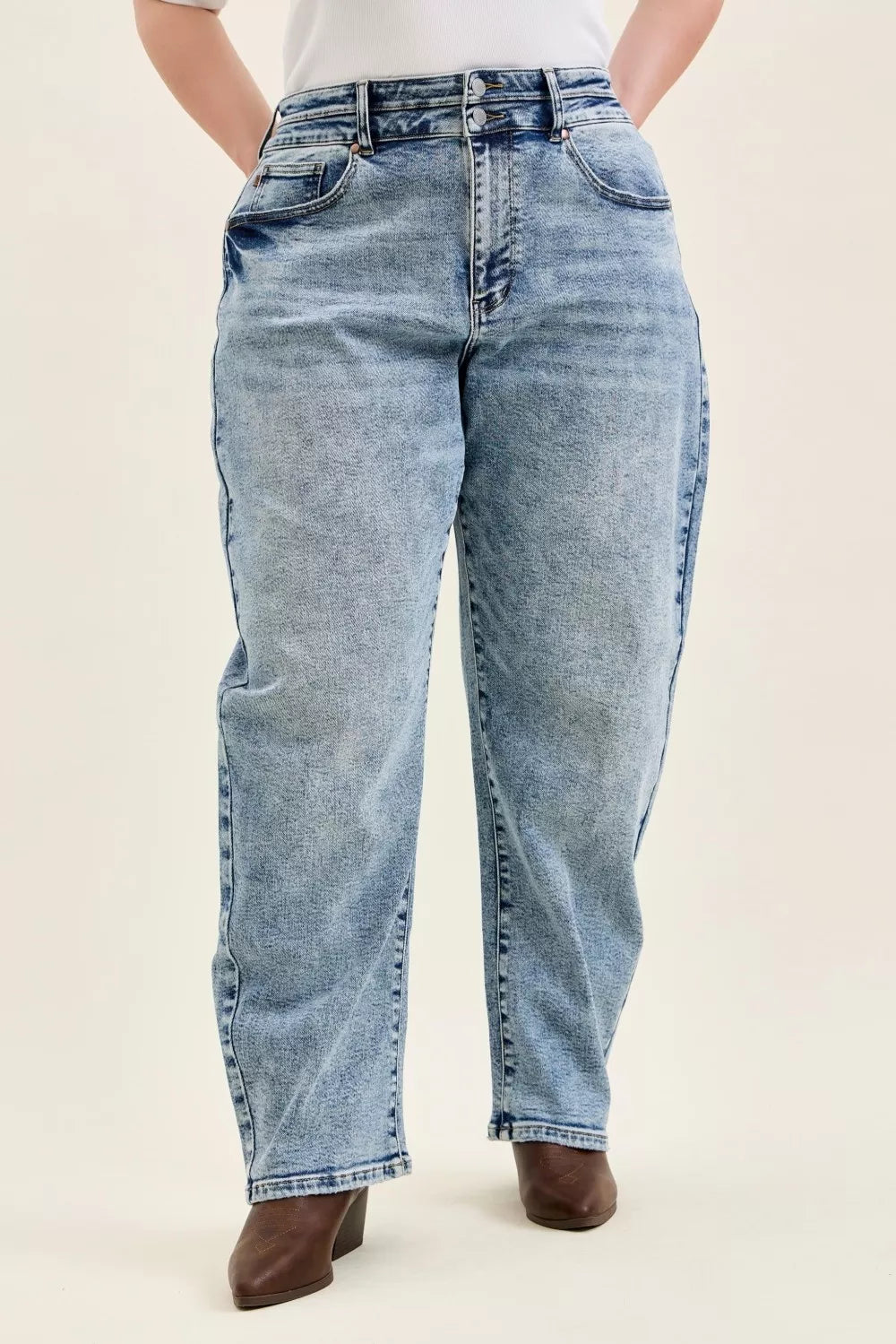 JUDY BLUE Full Size High Waist Marlow Arc Leg Jeans with Double Waistband Plus Size on Simply Obsessed