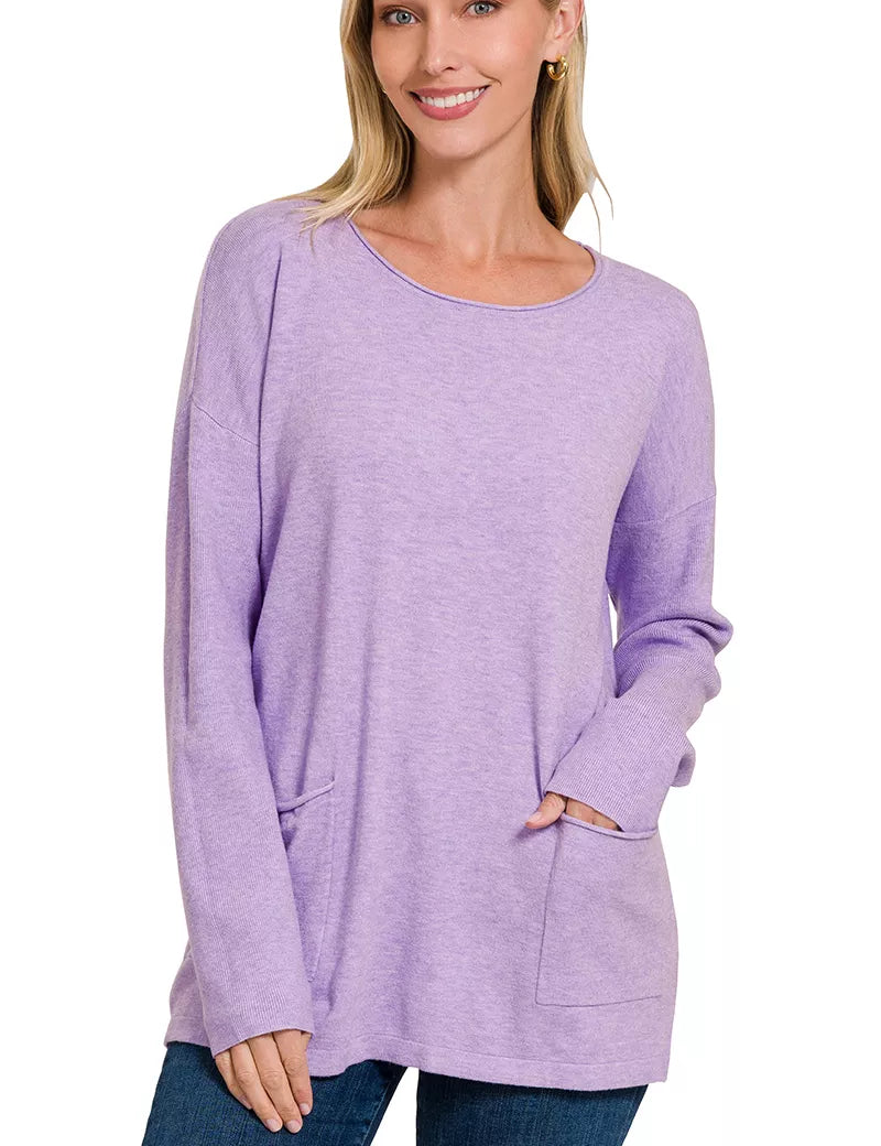 Zenana Viscose Long Sleeve Front Pockets Sweater on Simply Obsessed