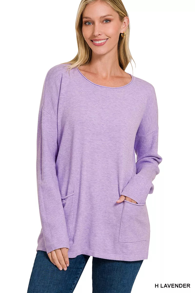 Zenana Viscose Long Sleeve Front Pockets Sweater on Simply Obsessed