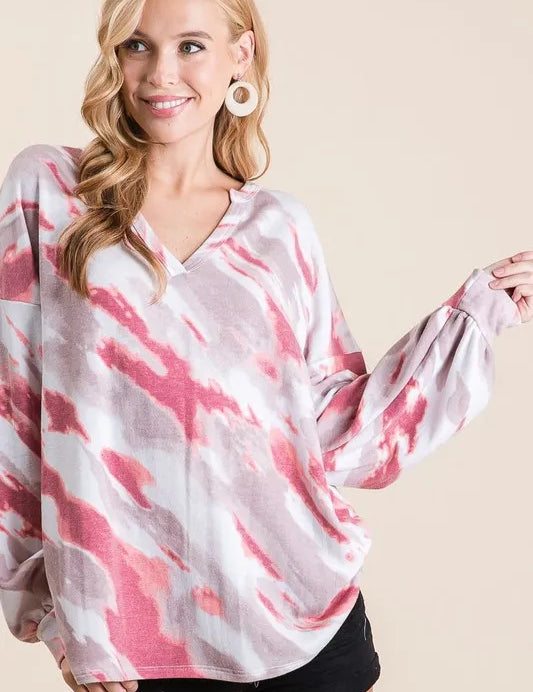 BIBI Tie Dye French Terry Top with Balloon Sleeves ****DOORBUSTER*** on Simply Obsessed