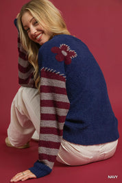 Umgee Flower Jacquard Striped Long Sleeve Sweater on Simply Obsessed