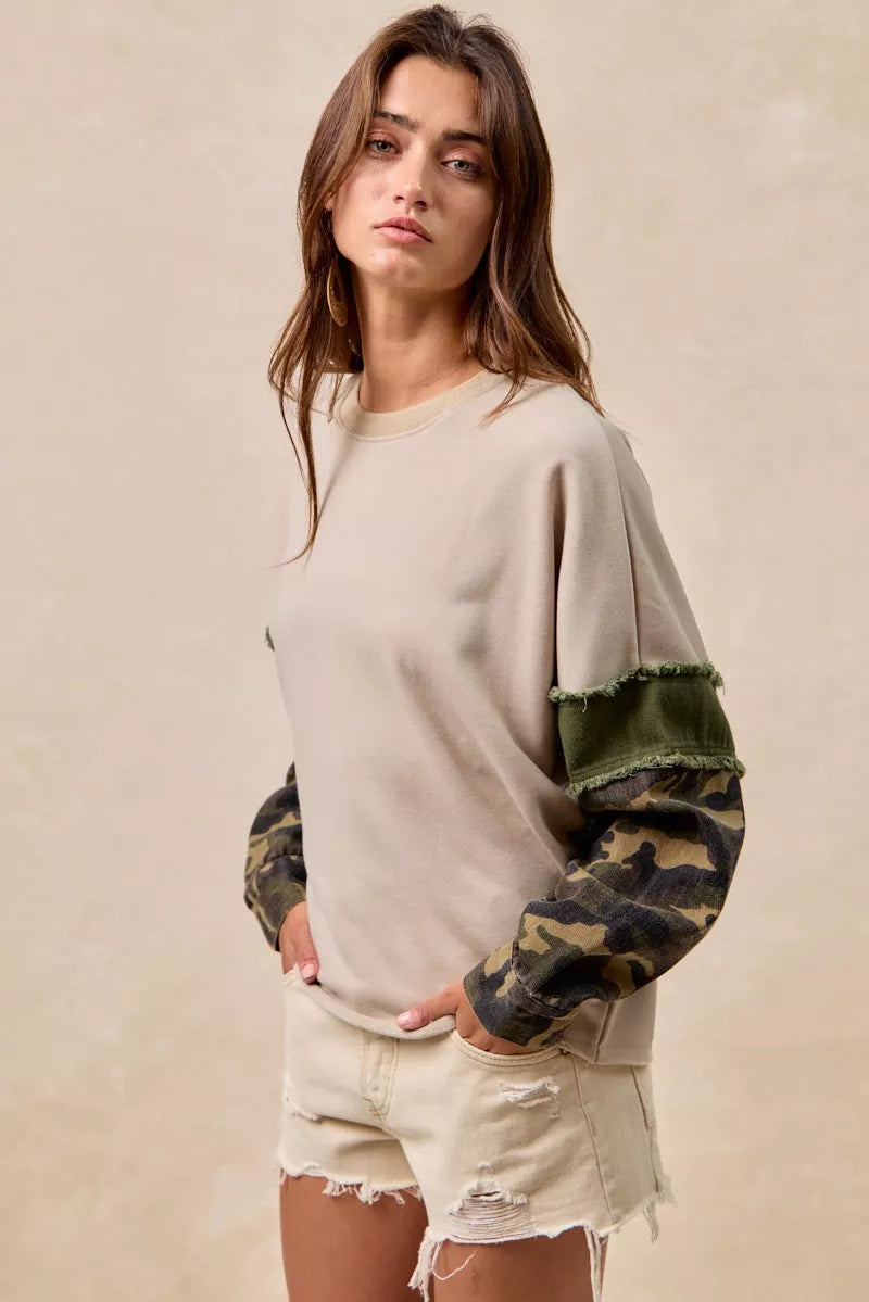 BiBi Camo Sleeve French Terry Top with Frayed Edge on Simply Obsessed