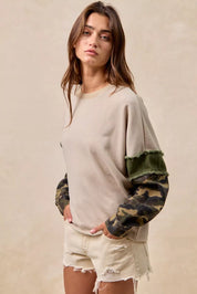 BiBi Camo Sleeve French Terry Top with Frayed Edge on Simply Obsessed