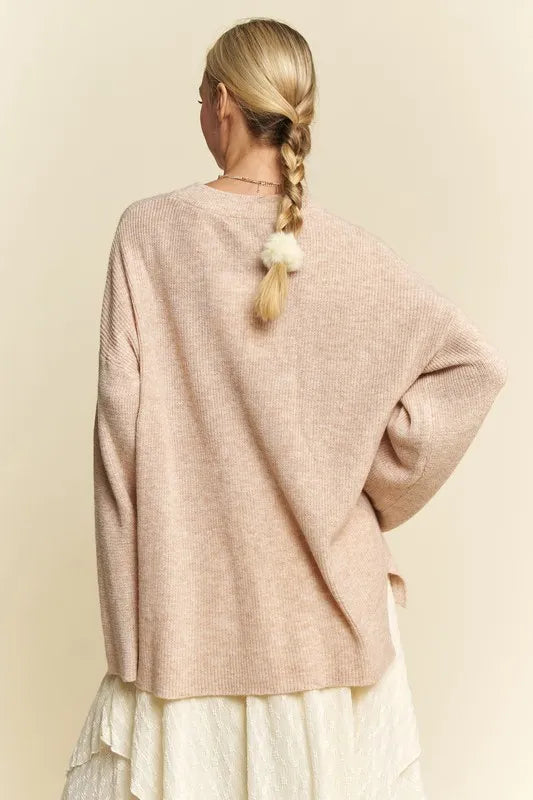 DAVI & DANI High-Low Round Neck Drop Shoulder Sweater on Simply Obsessed