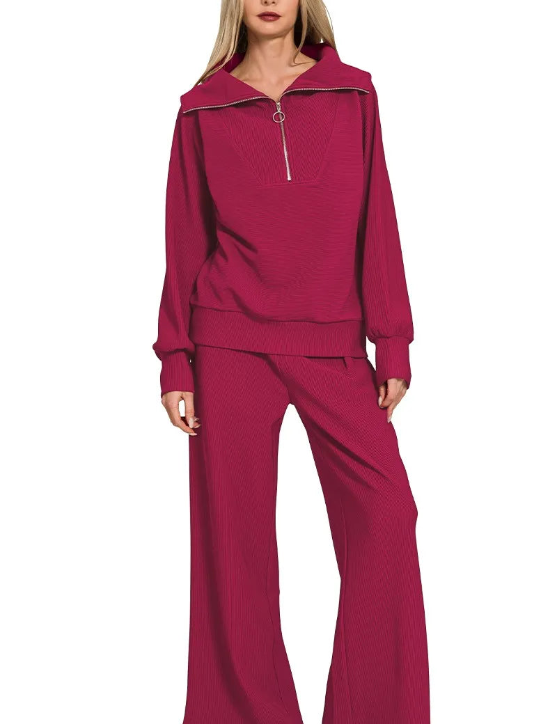 Zenana Ribbed High Neck Half Zip Pullover & Pants Set on Simply Obsessed
