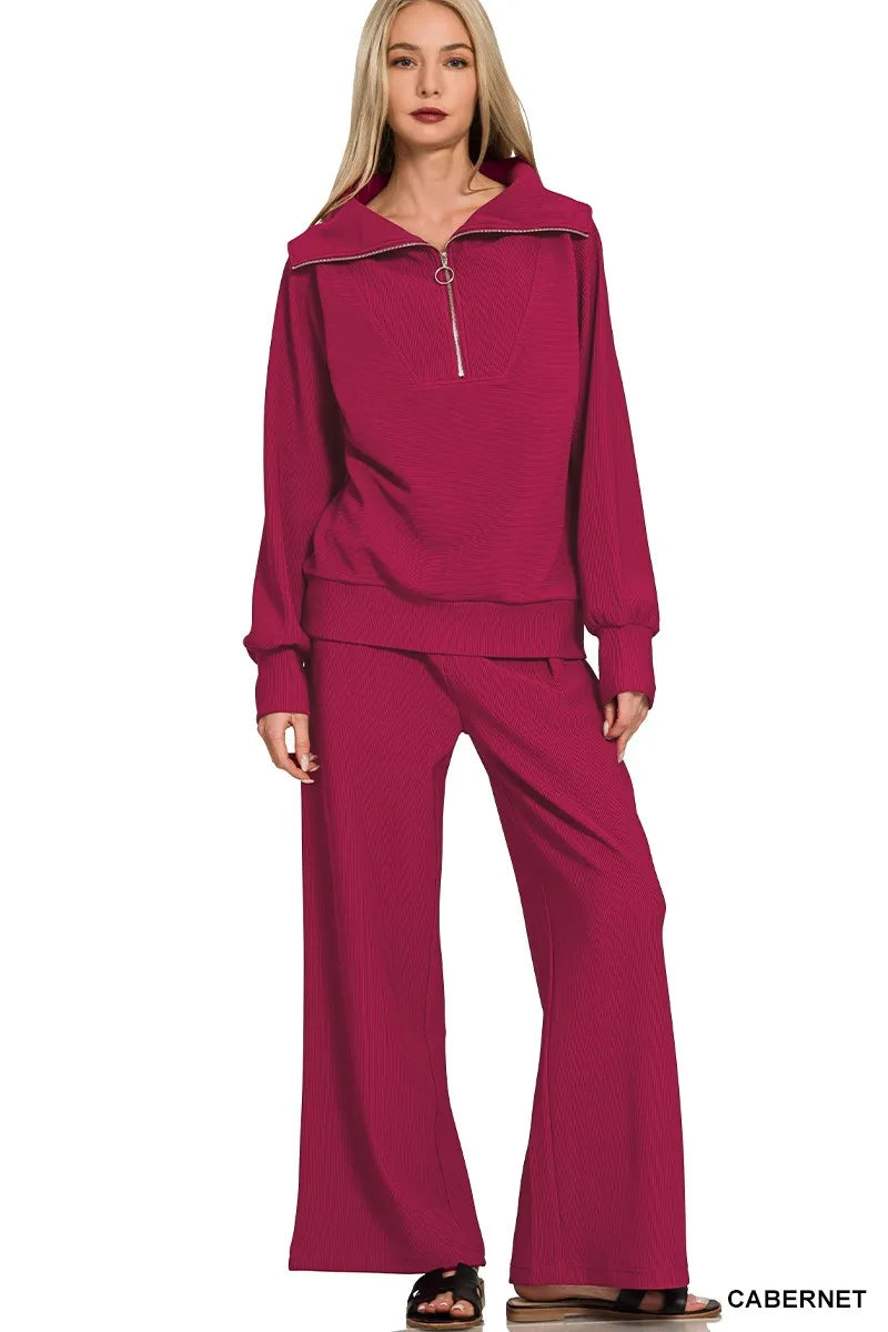 Zenana Ribbed High Neck Half Zip Pullover & Pants Set on Simply Obsessed