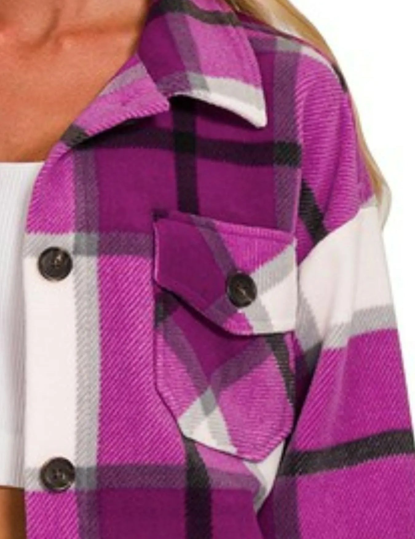 Zenana Oversized Plaid Fleece Shacket on Simply Obsessed