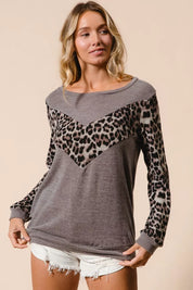 BiBi Sweater Knit Top With Leopard V Shape Block on Simply Obsessed