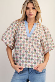 EESOME Floral Printed Puff Sleeve Blouse - VANILLA on Simply Obsessed