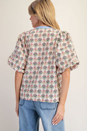 EESOME Floral Printed Puff Sleeve Blouse - VANILLA on Simply Obsessed