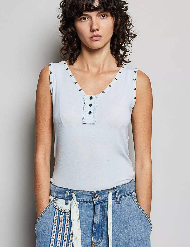 POL Studded Trim Button-Front Ruffle Detail Tank on Simply Obsessed