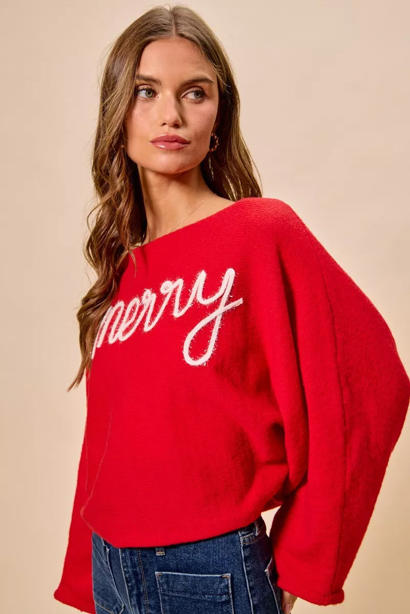 SO ME Merry Tinsel Lettering Christmas Sweater Top on Simply Obsessed