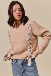SO ME Checkered Plaid Tape Lace Up Ribbed Sweater on Simply Obsessed