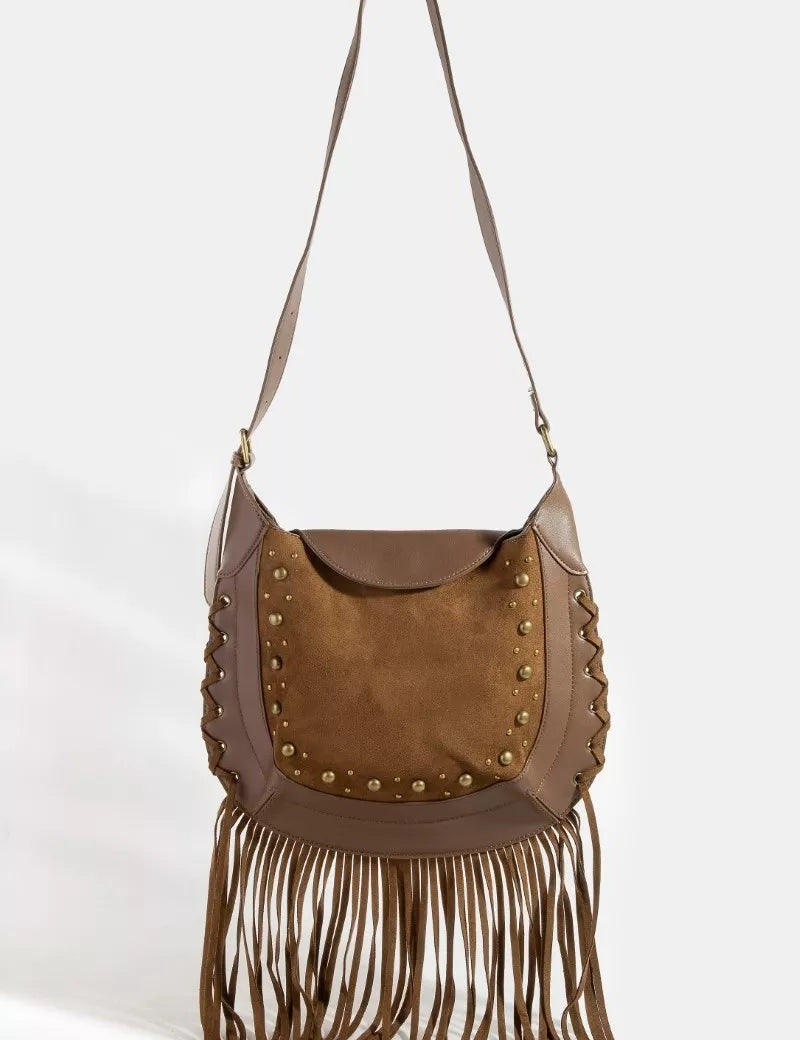 Fame Rivet Trim Suede Fringe Shoulder Bag on Simply Obsessed