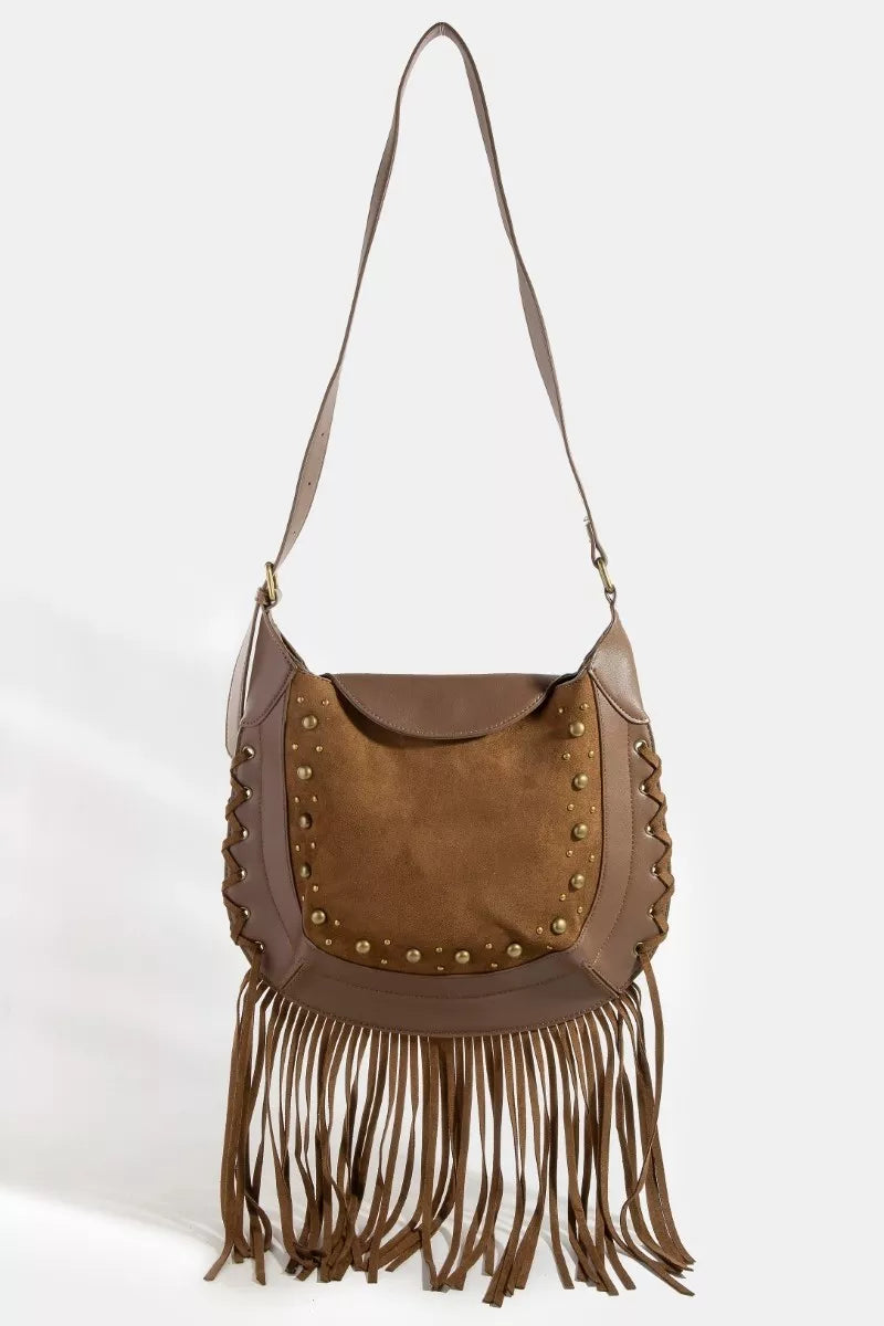 Fame Rivet Trim Suede Fringe Shoulder Bag on Simply Obsessed