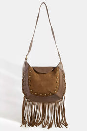 Fame Rivet Trim Suede Fringe Shoulder Bag on Simply Obsessed