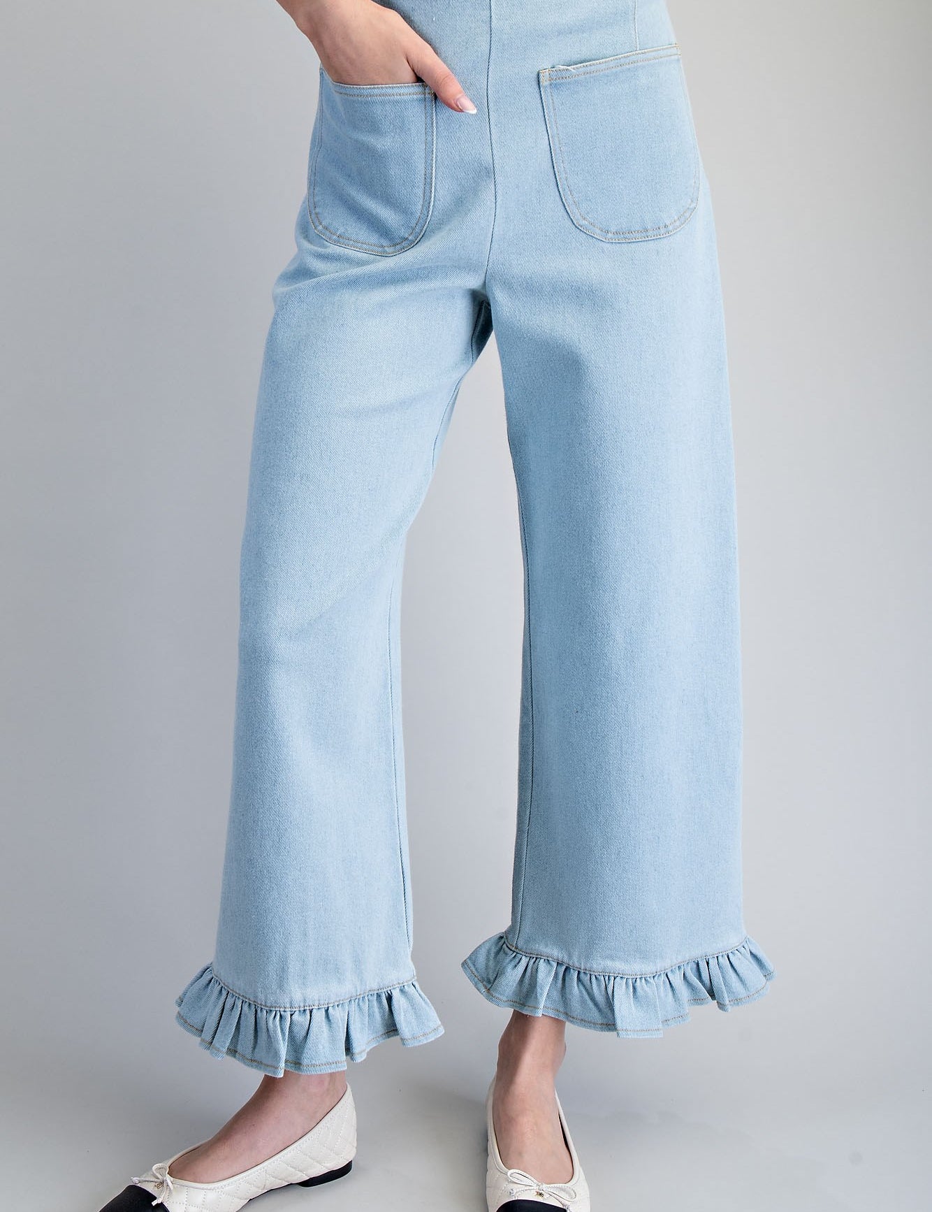 EESOME Mineral Washed Ruffled Hem Pants - LIGHT DENIM on Simply Obsessed