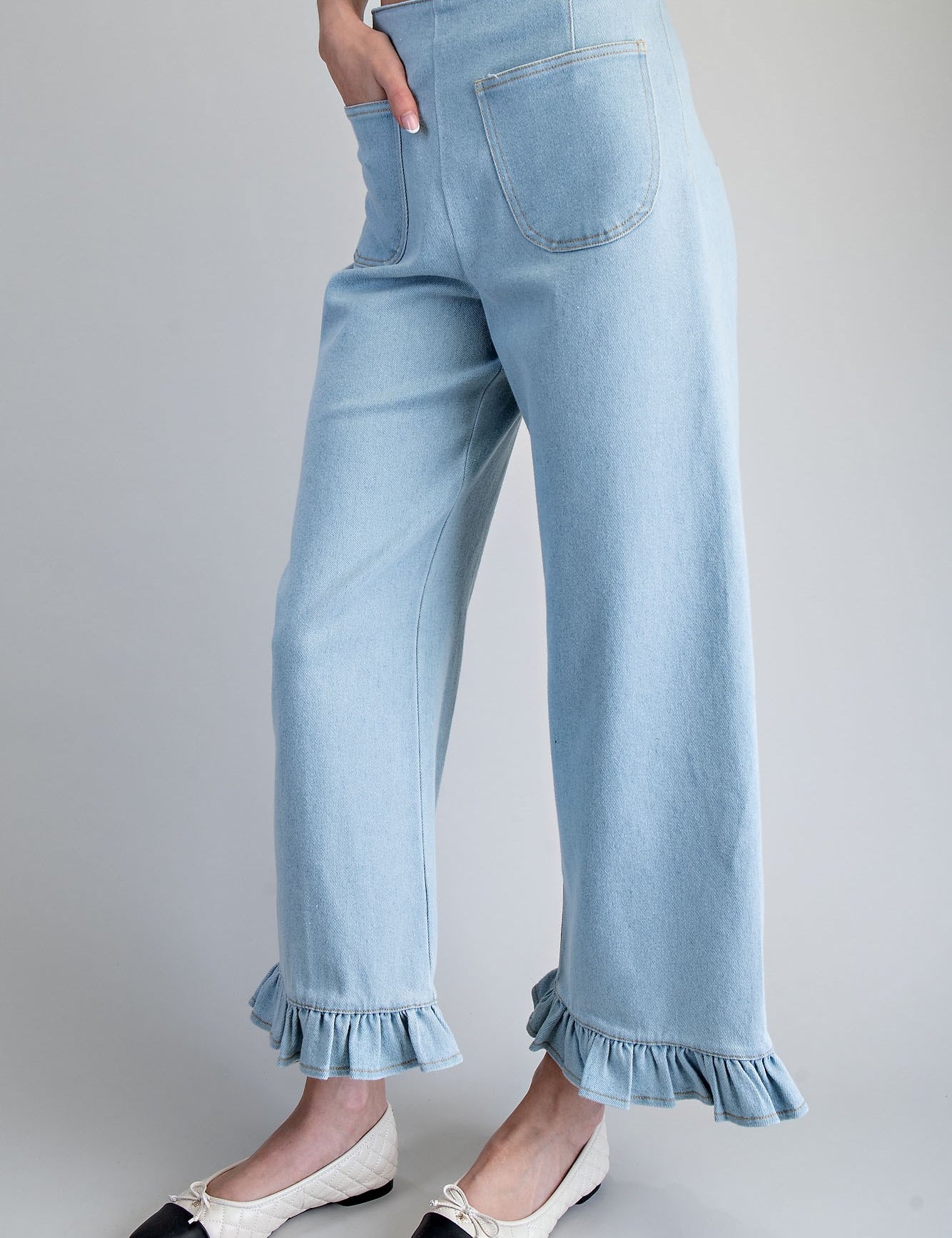 EESOME Mineral Washed Ruffled Hem Pants - LIGHT DENIM on Simply Obsessed