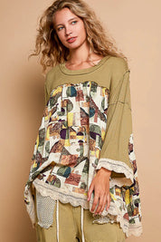 POL Bohemian Geometric Print Long Sleeve Top with Lace Trim on Simply Obsessed