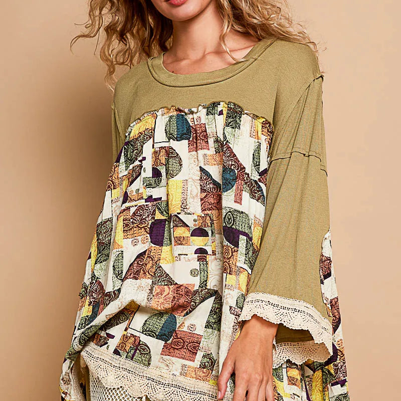 POL Bohemian Geometric Print Long Sleeve Top with Lace Trim on Simply Obsessed
