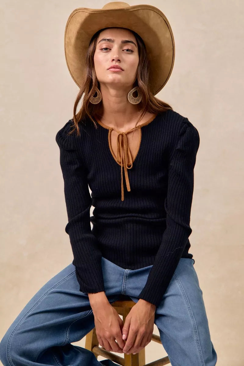 BiBi Ribbed Contrast Front Tied Top with Shrried on Simply Obsessed